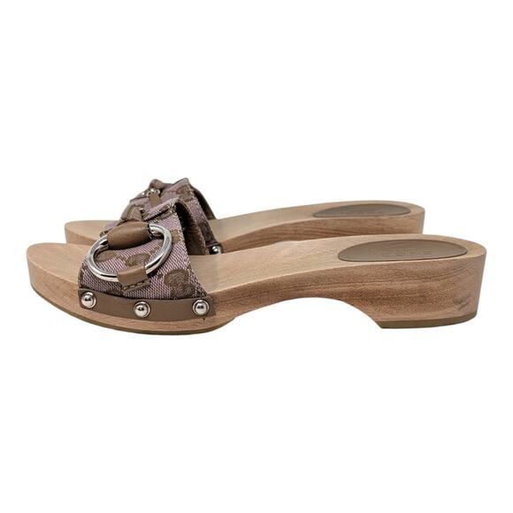 Vintage Gucci Horsebit Wood Clog Slide Flat Sandal GG Monogram Beige Pink 36.5 - Picture 4 of 12